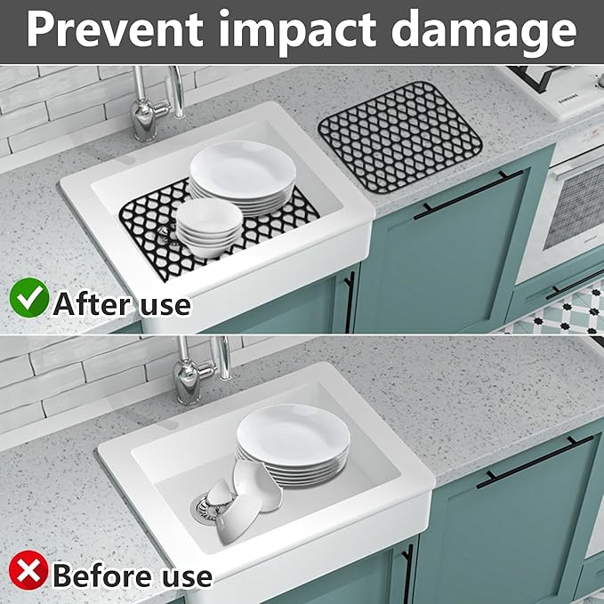 Sink Protectors for Kitchen Sink,2 PCS Silicone Kitchen Mat 13.58"x11.6",Non-Slip Bottom Guard Compatible with Farmhouse/Stainless Steel/Porcelain(Black)