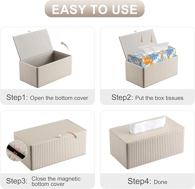 KINGFOM PU Leather Tissue Box Cover Rectangular Tissue Box Holder with Magnetic Bottom, Napkin & Facial Tissue Holder Dispenser for Home, Office (Decorative Pattern-PU Leather, Beige Stripe)