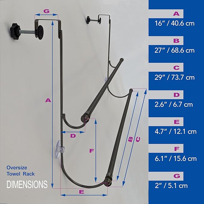 Insieme 29 x16 Inch Towel Rack for Over Glass Shower Wall or Glass Shower Enclosure (Frameless or Frames up to 1.6" Thick). Easy Do-It-Yourself Assembly - 2 Tier - Black - Stainless Steel - No Rust