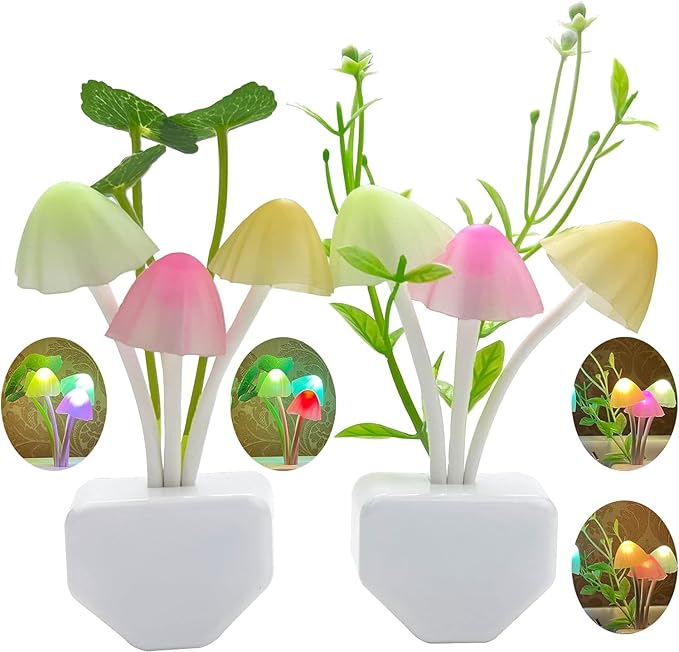 ZEZHOU Silicone Toothbrush Holders for Bathrooms - 6Pcs Razor Holder for Shower Wall Mounted + Sensor Led Mushroom Night Light - 2Pcs Color Changing Plug-in LED Mushroom Dream Bed Lamp