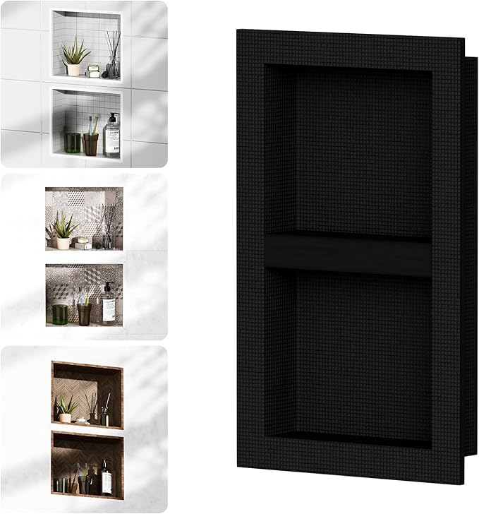 Homevacious 16" x 26" XPS Shower Niche Ready for Tile Double Waterproof Shelf Bathroom Wall Niche Insert Tile Ready Black Recessed Shower Boxes with Removable Shelf for Bathroom Storage