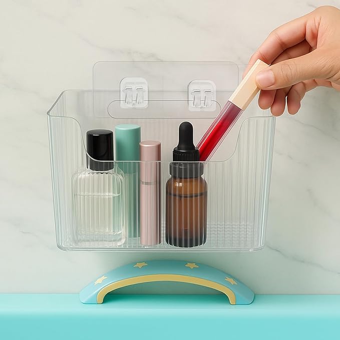 4 Pcs Storage Organizer Bins, Wall Mounted Shower Basket, Shower Caddy Stackable, Clear Plastic Makeup Organizer, Adhesive Hanging Bin for Bathroom, Kitchen, Pantry