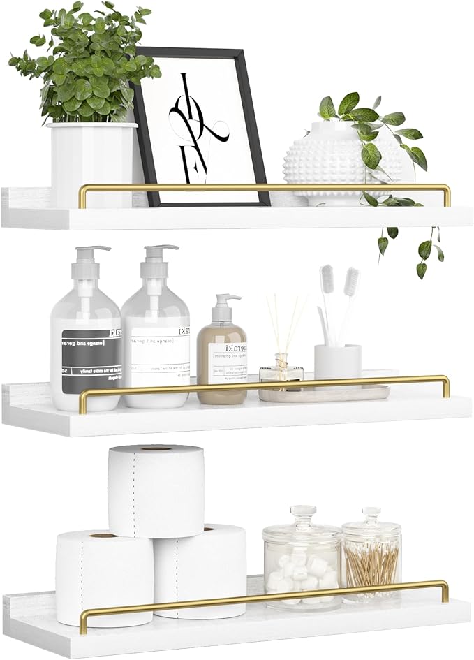 Floating Shelves for Wall Decor, White and Gold Shelves for Bathroom, Living Room, Bedroom, Picture Frames, Plants, Kitchen (Set of 3)