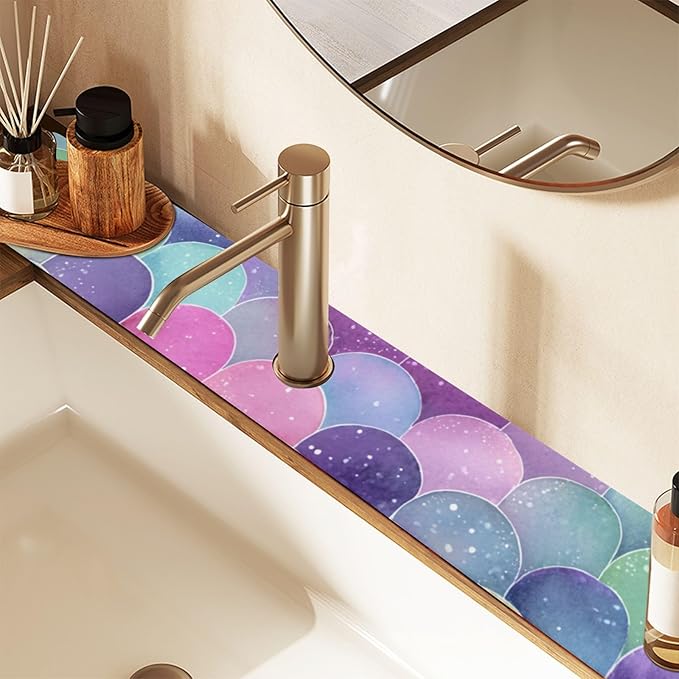 Kitchen Sink Splash Guard 2 PCS 14.7 Inch Sink Faucet Mat Splash Guard for Bathroom Countertop Water Absorbent Foldable Cuttable Soft Washable Watercolor Mermaid Scales Colors