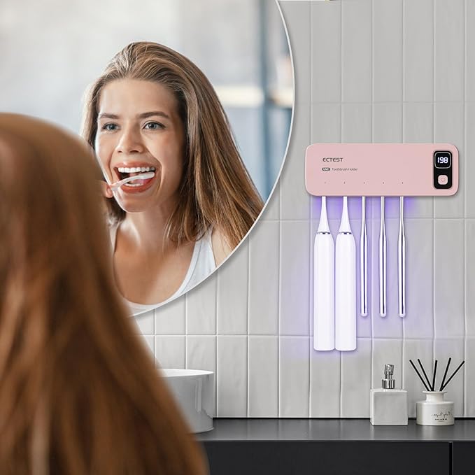 Toothbrush San itizer Holders Wall Toothbrush San itizer Holder with Light, 5 Slots Toothbrush Holder Rechargeable Toothbrush Cleaner Case Cover Toothbrush Holder with Air Dry for Bathroom (Pink)