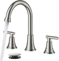 FORIOUS Brushed Nickel Bathroom Faucet 3 Hole, 2 Handle 360° Swivel Gooseneck 8 Inch Widespread Bthroom Sink Faucet Brushed Nickel 3 Hole with Hot and Cold Water Hose, Farmhouse Restroom Renovation