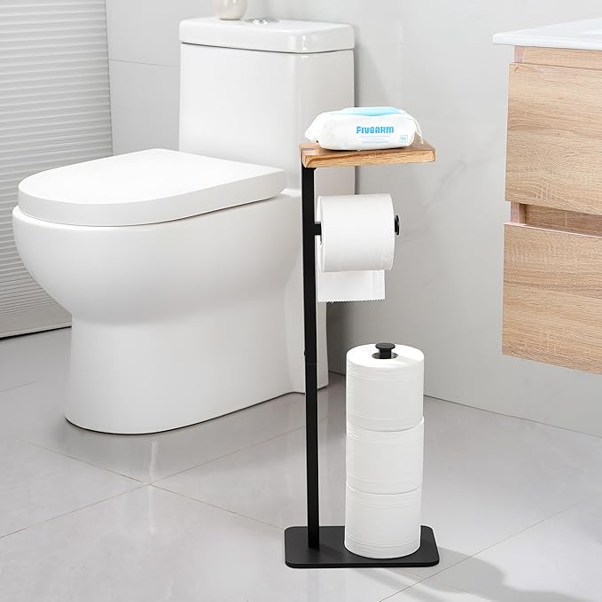 Holder Phone Toilet Paper Holder Stand - Toilet Paper Stand for 3 Rolls with Anti-Slip Base and Wood Shelf for Wipes, Natural Bathroom Decor