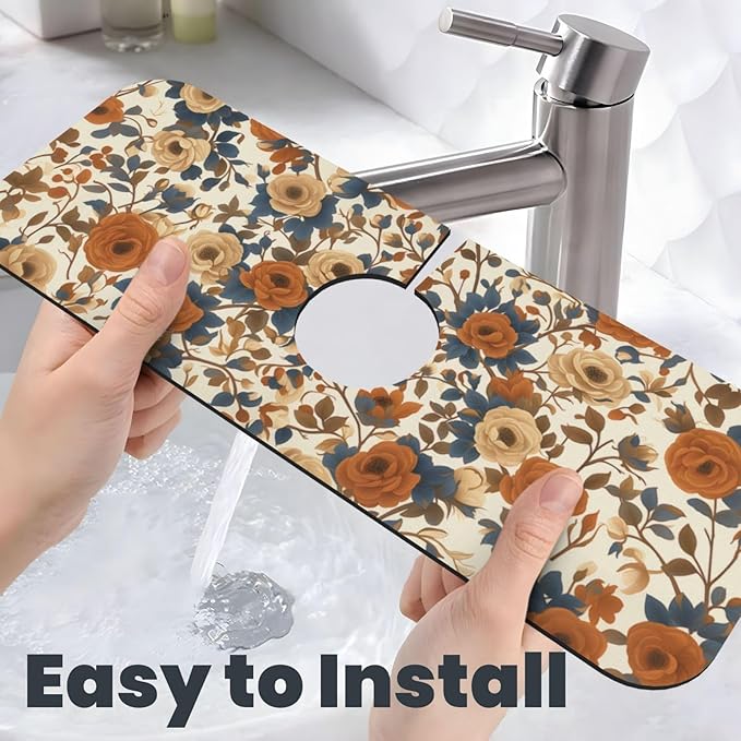 Faucet Draining Mat For Kitchen Sink, Peony Flower Blue Leaves Diatom Mud Absorbent Drain Pad For Bathroom Kitchen Sink Splash Guard Drying Mat