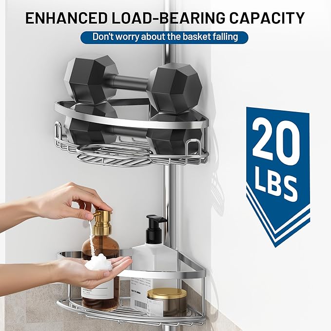 Corner Shower Caddy Tension Pole, 4 Tier Adjustable No Drill Rustproof Large Capacity Space-Saving Shower Shelves Organizer Storage Rack 45.29-119in for Bathroom Bathtub Family Renters, Chrome
