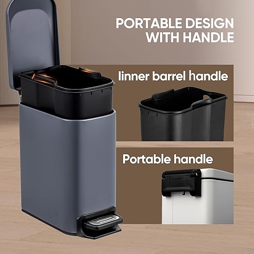 6 Liter 1.6 Gallon Small BathroomTrash Can with Soft Lid Garbage Can with Removable Inner Bucket Dust Bin Waste Bin Bathroom Garbage Can Pedal Powder Coated Metal Grey