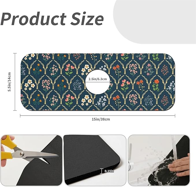 Faucet Draining Mat For Kitchen Sink, Floral Wildflower Dark Green Diatom Mud Absorbent Drain Pad For Bathroom Kitchen Sink Splash Guard Drying Mat
