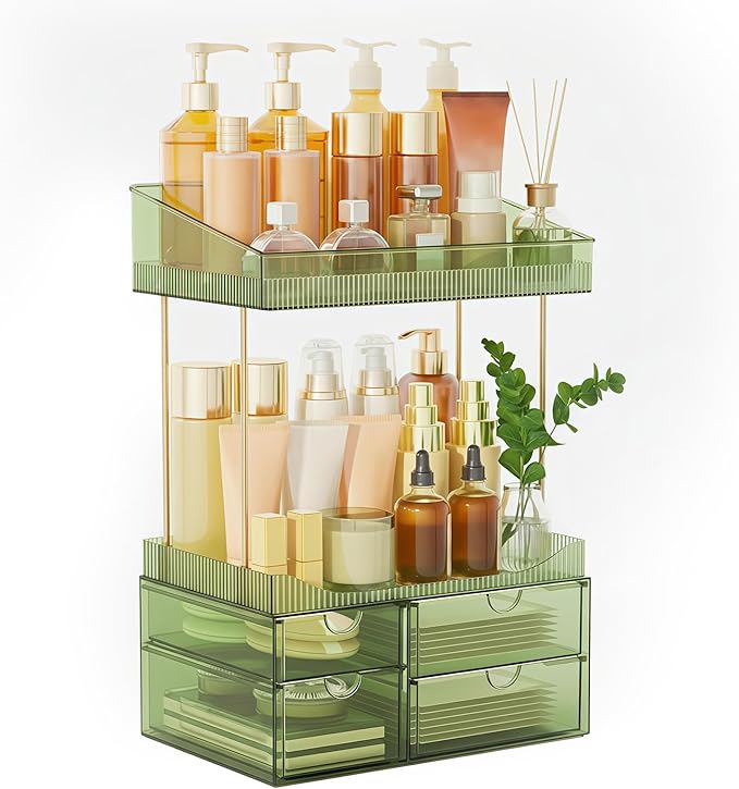 4 Drawers Makeup Organizer - 4 Tier Makeup Storage, Cosmetics Organiser, Ideal for Cosmetic, with Drawers for Countertop, Bathroom,Dresser Transparent Green for Both Outdoor and Indoor Use, Clear