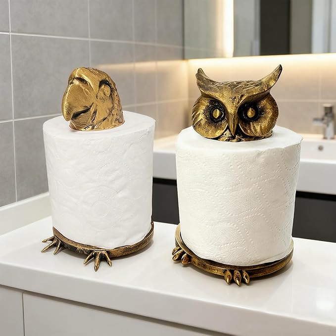 Bird Toilet Paper Holder, Decorative Toilet Paper Holder, Owl and Parrot Bathroom Tissue Roll Stand, Fun and Unique Bathroom Decor (Gold Owl)