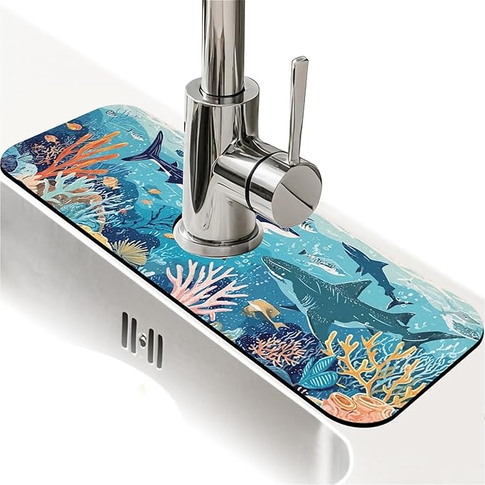 Kitchen Sink Splash Guard，Underwater world Faucet Mat Sink Gadgets-Super Absorbent Fast Drying Mat Drip Catcher for Kitchen, Bathroom,Sink Mat, Dish Drying Mat, Bathroom(15" X 5.5" )
