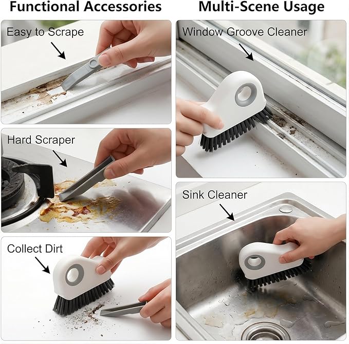 1-Pack Groove Cleaner Brush - 2 in 1 Grout Brush Cleaner- Multifunction Window Track Cleaning Tool with Hard Bristle and Hidden Scraper - Crevice Brush for Sliding Door Track, Window Seal, Sill