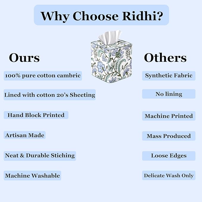 Ridhi Columbia Blue Block Print Tissue Box Cover – Handmade Cotton Fabric Tissue Holder for Home Bedroom Living Room Bathroom Vanity Car Nightstand Office Kitchen – Decorative Square Napkin Holder