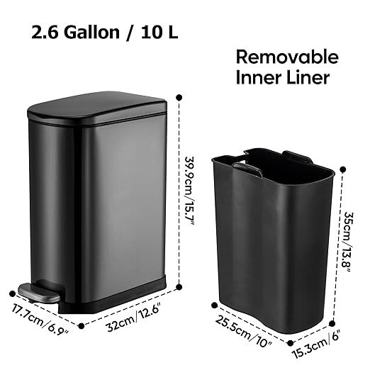 2.6 Gallons 10 Liter Stainless Steel Trash Can Dust Bin Waste Bin Kitchen Bathroom Garbage Can Pedal with Lid Powder Brushed Black Gold