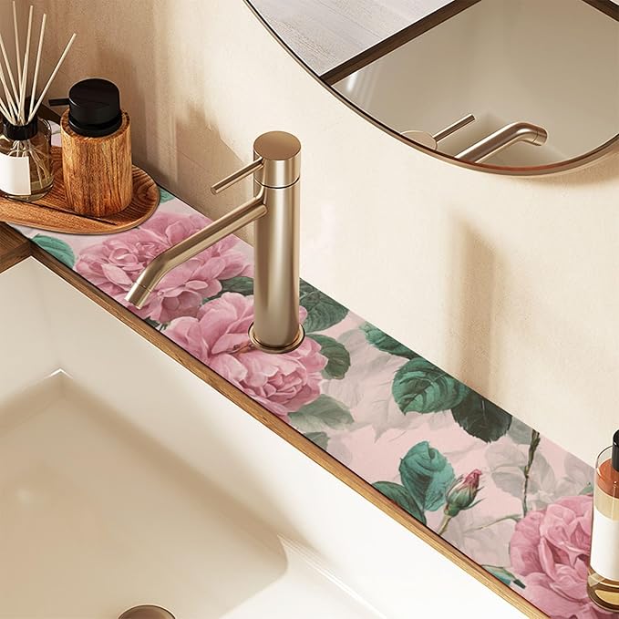 Kitchen Sink Splash Guard 2 PCS 30 Inch Sink Faucet Mat Splash Guard for Bathroom Countertop Water Absorbent Foldable Cuttable Soft Washable Pink Vintage Roses with Leaves