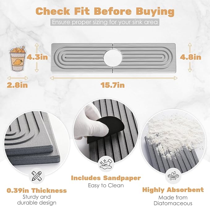 15.7''x4.8''Stone Faucet Mat for Kitchen Sink,Diatomite Quick Dry Kitchen Sink Splash Guard,Drying Stone Sink Tray,Super Absorbent,Sink Stone Quick Dry Around Faucet For Bathroom Counter-Light Grey
