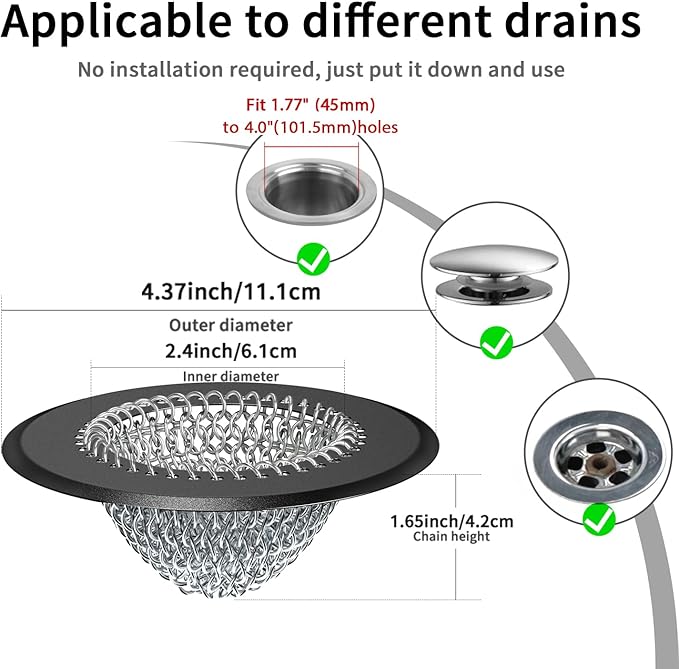 TRAPMATE Shower Hair Drain Catcher, Easy Clean Bathtub Drain Hair Catcher, Fast Drainage Tub Drain Protector, Stainless Steel Shower Drain Cover for US Standard Regular & Pop-up Drain Screen (Black)