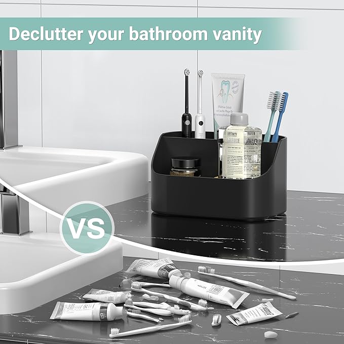 Mens Countertop Toothbrush Holders for Bathrooms, Plastic Toothpaste and Electric Tooth Brush Holder Storage Caddy Stand for Shower, 5 Slots Kids Bathroom Counter Organizer for Vanity, Black