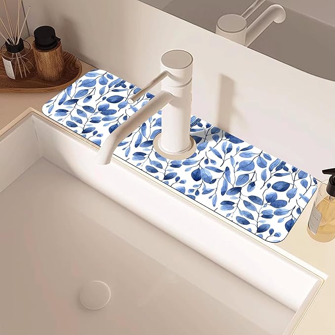 Watercolor Blue Leaves Sink Faucet Absorbing Mat Sink Splash Guard Faucet Mat Draining Mat Fast Drying Sink Protectors for Kitchen and Bathroom 5.5"×15"