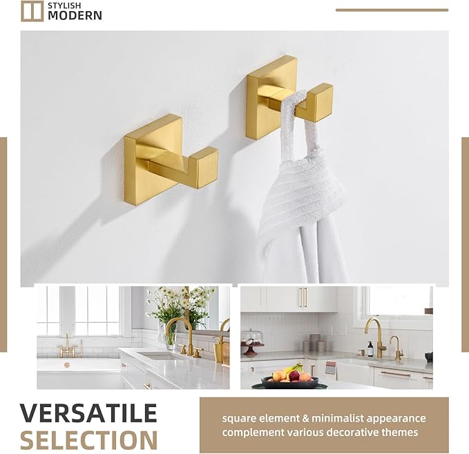 Angle Simple Towel Hook Brassy Gold 2 Pack, 304 Stainless Steel Square Robe Hook for Bathroom
