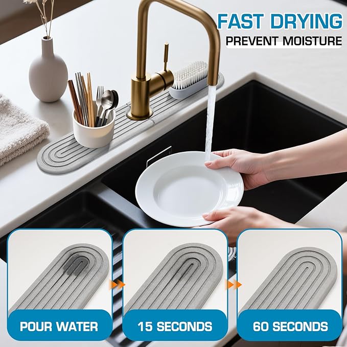 Light Gray Oval 15.7" Diatomite Faucet Mat,Fast-Drying Stone Sink Tray&Water Splash Guard–Super Absorbent Countertop Protector for Kitchen & Bathroom | Includes Smoothing Tool