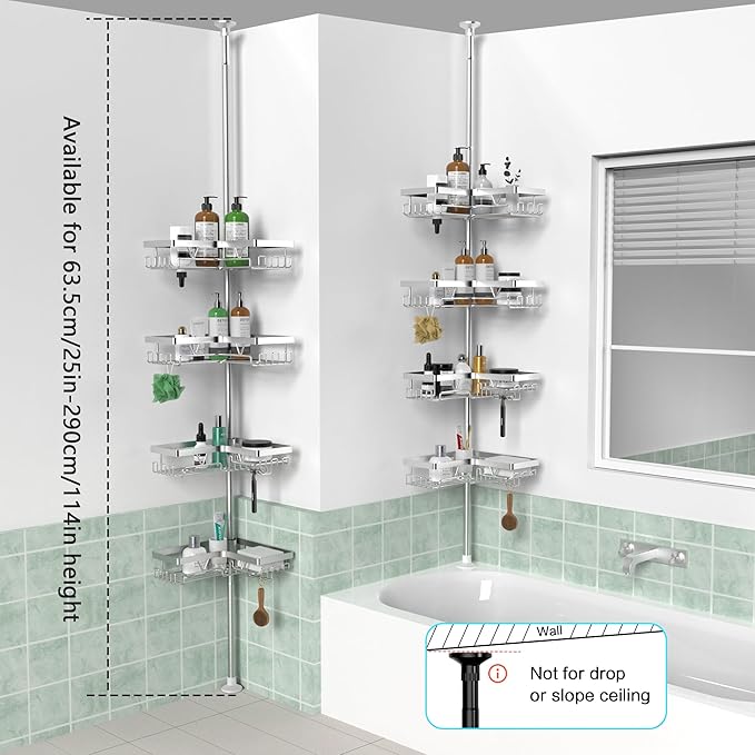 4-Tier Shower Caddy/Shower Organizer - Corner Standing Tension Pole Adjustable 25-114.2 inches Built in 2 Soap Holder Rustproof Silver Finish