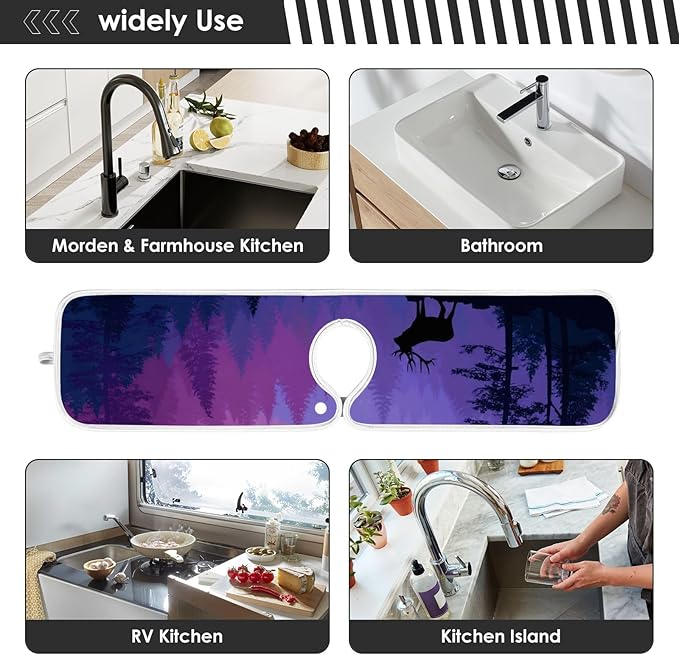 2 PCS Kitchen Sink Splash Guard 14.9 Inch Faucet Mat for Kitchen Sink Bathroom Sink Faucet Absorbing Drip Drain Mat Pad Microfiber Soft Washable Purple and Green Stag Forest Trees