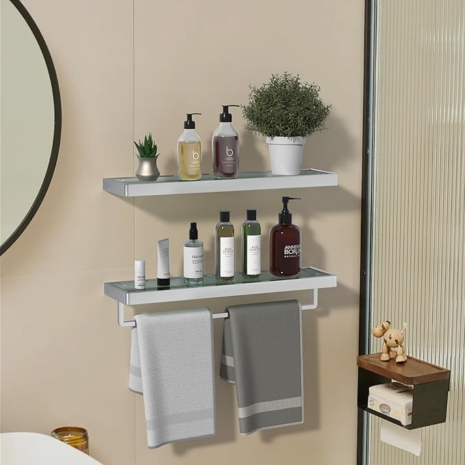 Bathroom Shelves Glass Bathroom Shelf with Towel Bar, Floating Shelves for Living Room/Study Room Tempered Glass Rectangular 1 Tier Organizer Wall Shelf (Chrome Polished, 20'')