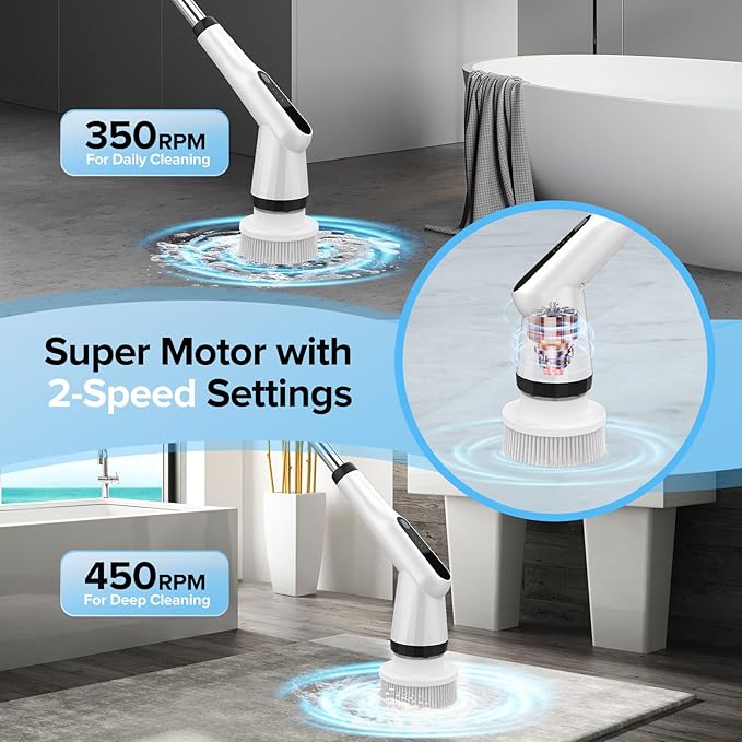 Electric Spin Scrubber, Dreazu IPX7 Shower Scrubber with 7 Replaceable Brush Heads & Retractable Handle, 2-Speed Adjustable Shower Cleaner for Bathroom, Bathtub, Kitchen, Tile Floors