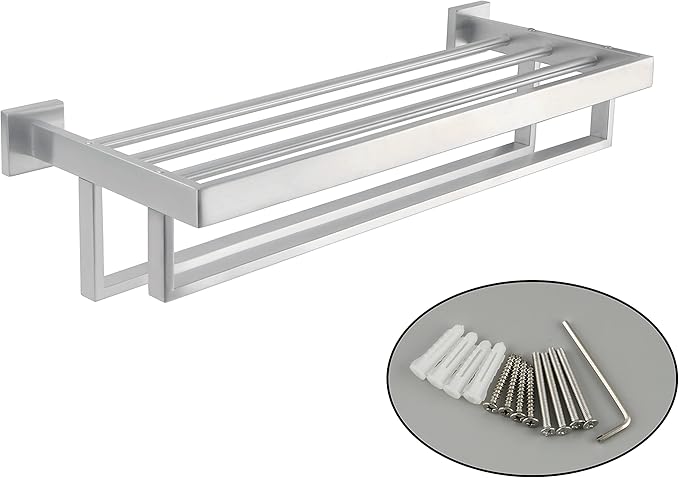 Alise Towel Rack with Double Towel Bars 24 Inch Towel Racks for Bathroom Wall Mounted,Bathroom Towel Holder Square Towel Hanger,SUS304 Stainless Steel Towel Shelf with Towel Bar,Brushed Nickel