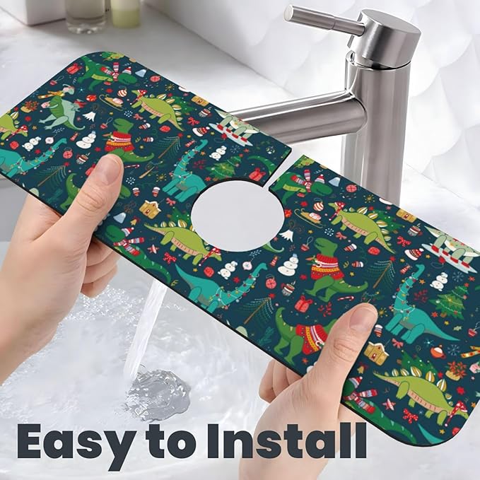 Christmas Dinosaur Tree Xmas Green Kitchen Sink Splash Guard Faucet Mat 1 Pcs, Absorbent Fast Drying Mat Gadgets Splash Guard For Bathroom 15 X 5.5 Inches
