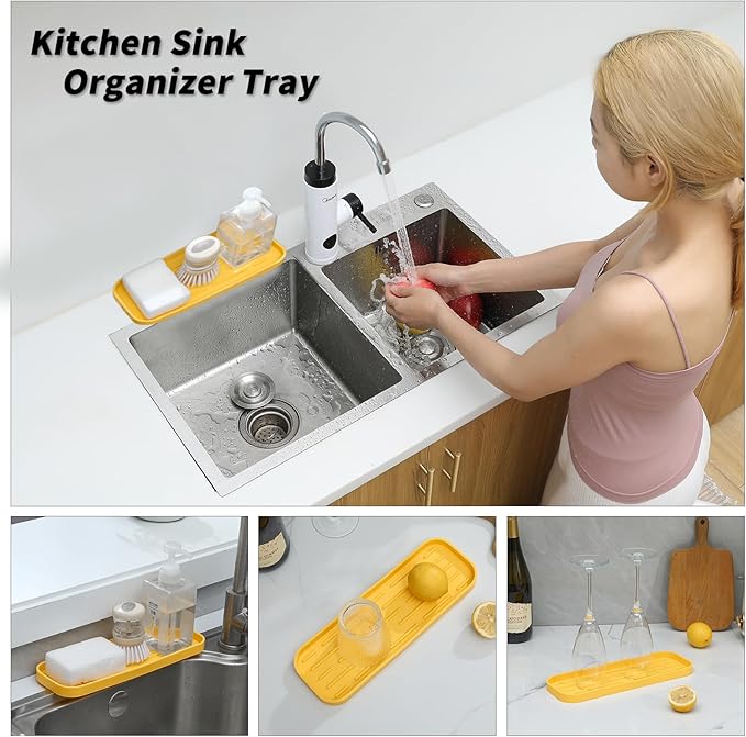 Silicone Kitchen Sink Organizer Tray for Multiple Usage,Easy Clean,Eco-Friendly Sponges Holder for Kitchen Bathroom Counter or Sink,Dish Soap Dispenser,Scrubber,Bottle,Cup Yellow 12" x 4”