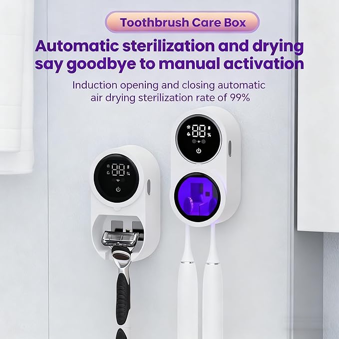 KLUEHOME Upgraded UV Toothbrush Sanitizer Holder for Bathroom, LED Smart Screen,Auto Light Cleaning and 140-Degree Air Drying, Rechargeable Mirror Wall Mounted,Fits Most Toothbrushes