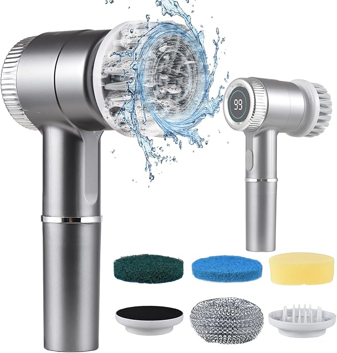 Decdeal Electric Cleaning Brush Set, Cordless Electric Spin Scrubber Waterproof 3 Speeds Digital Display Handheld Scrubber with 5 Brush Heads Ideal