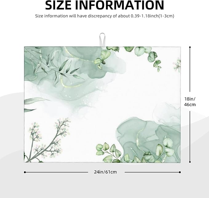 Watercolor Green Leaf Floral Dish Drying Mat for Kitchen Counter, 18"x24" Microfiber Absorbent Fast Dry Mat, 2Pcs Dish Mat Faucet Mats Sets, Large Drying Kitchen Mat Kitchen Drying Pad