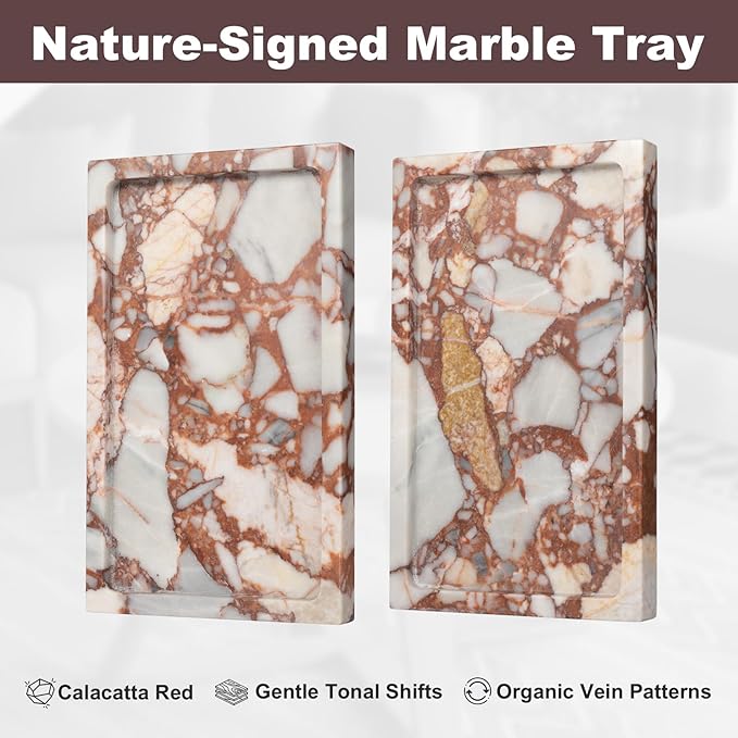 Deep Red Marble Rectangular Tray 10x6 Inch - Bathroom & Vanity Organizer, Jewelry Tray, Kitchen Counter Decor - Natural Stone Catchall