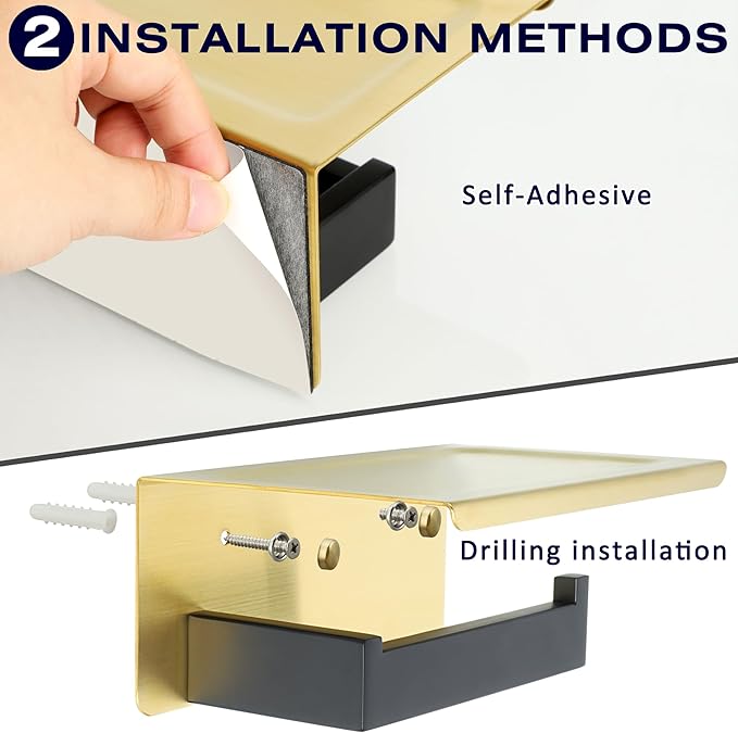 Alise Toilet Paper Holder with Shelf,SUS304 Stainless Steel Toilet Paper Roll Holder Bathroom Tissue Holder Storage Dispenser,Self Adhesive or Wall Mount Drilling,Gold and Black Finish