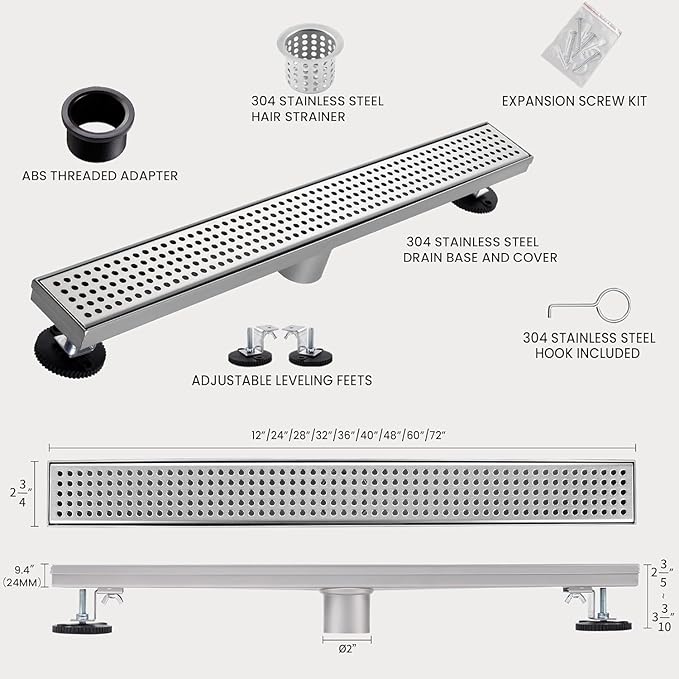 12 Inch Linear Shower Drain, Brushed Nickel Shower Drain,Removable Grate, 304 Stainless Steel, Easy to Install and Clean for Bathrooms (Drain Base Not Included), LSD-04A-12S