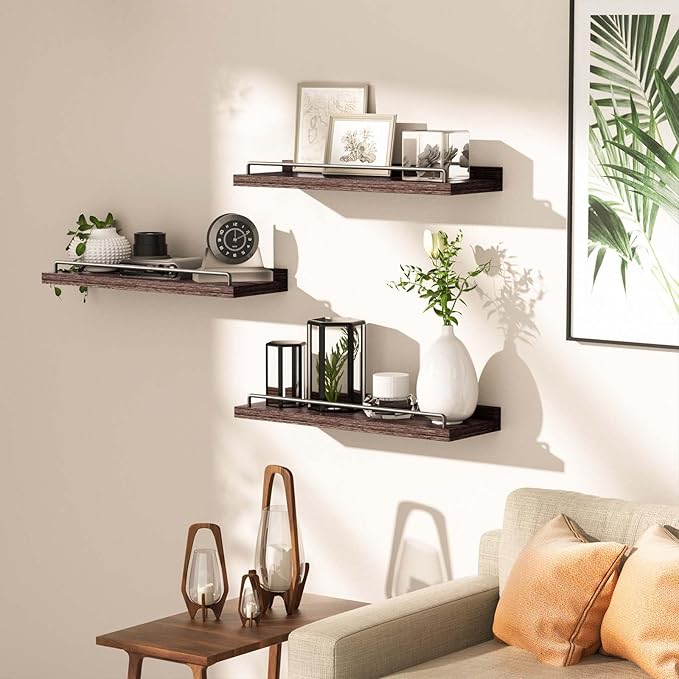 Floating Shelves, Bathroom Decor Shelves Over Toilet, Farmhouse Wall Shelves for Living Room, Bedroom, Picture Frames, Plants, Kitchen, Set of 3 (Walnut Brown)