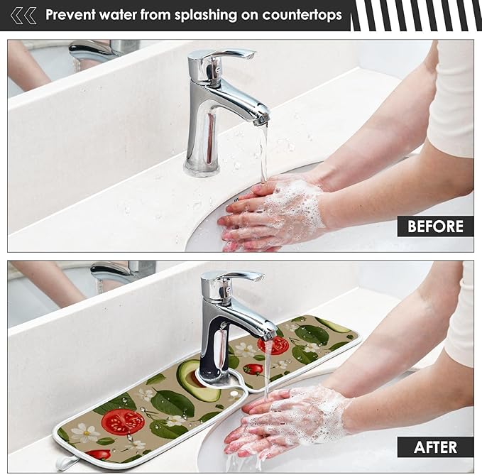 2 PCS Kitchen Sink Splash Guard 30 Inch Faucet Mat for Kitchen Sink Bathroom Sink Faucet Absorbing Drip Drain Mat Pad Microfiber Soft Washable Green Avocado Tomato Leaves
