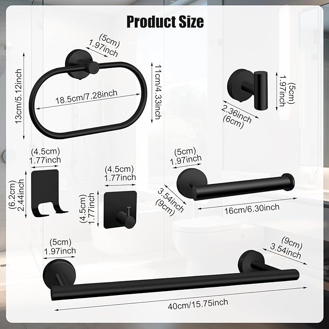 7 PCS Bathroom Hardware Set, Matte Black Stainless Steel Bathroom Tower Rack Set Wall Mounted Includes 16" Towel Bar, Toilet Towel Paper Holder, Towel Ring, 4 Robe Towel Hooks