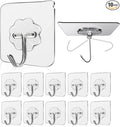 Wall Hooks - 33 lbs Max, Transparent, Seamless, Waterproof & Oilproof, Heavy Duty Adhesive Coat & Towel Hooks (10 Pack)