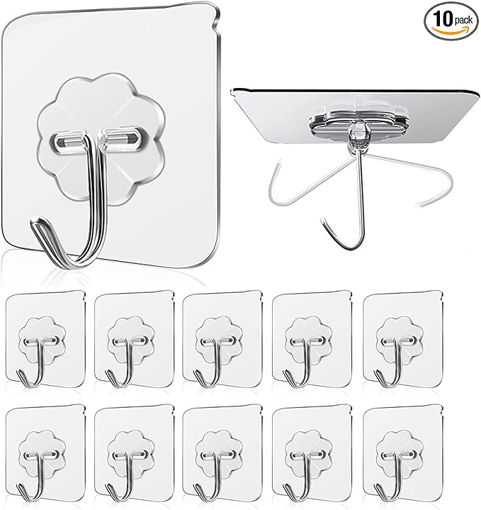 Wall Hooks - 33 lbs Max, Transparent, Seamless, Waterproof & Oilproof, Heavy Duty Adhesive Coat & Towel Hooks (10 Pack)