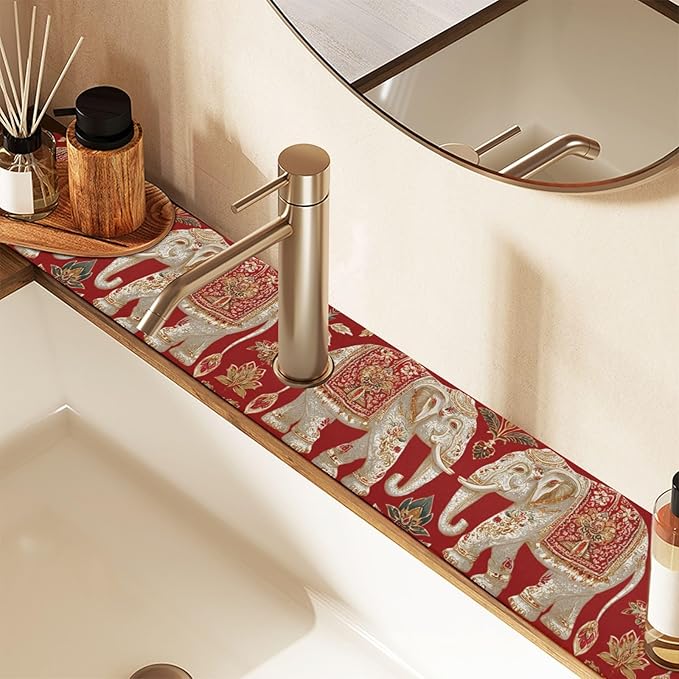 Kitchen Sink Splash Guard 1 PC 14.7 Inch Sink Faucet Mat Splash Guard for Bathroom Countertop Water Absorbent Foldable Cuttable Soft Washable Red Retro Elephant Flowers