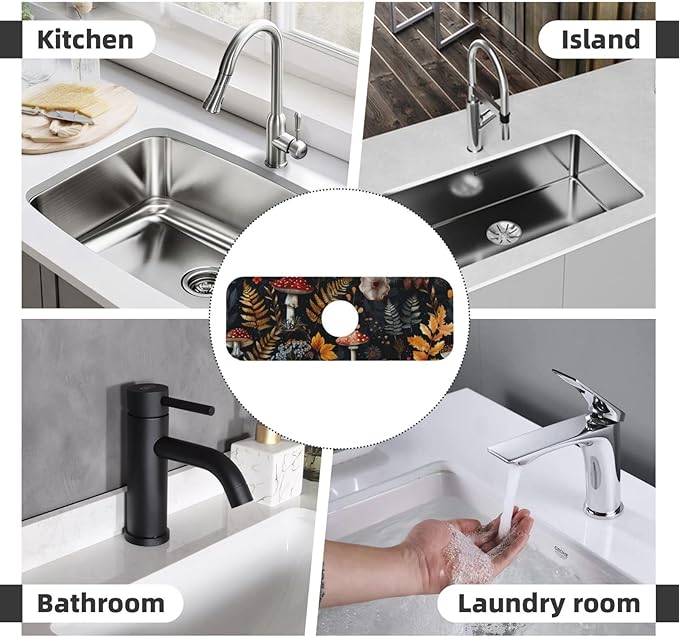 Faucet Draining Mat For Kitchen Sink, Mushrooms Ferns Wildflowers Diatom Mud Absorbent Drain Pad For Bathroom Kitchen Sink Splash Guard Drying Mat