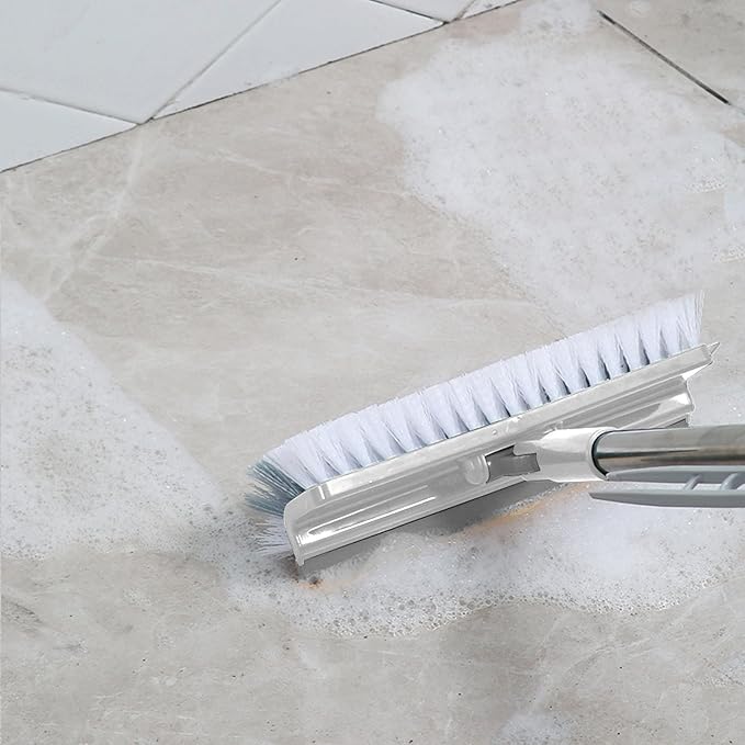 Grout Scrub Brush with 42" Long Handle Double-Sided Floor Scrub Brush V-Shape Grout Cleaner with Squeegee 180° Rotating for Tile Floors, Baseboards, Wall