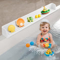 2.6-Ft Bathtub Splash Guard for Tub Kids, Silicone Splash Shield with 11 Suction Cups, Toy Tray Shelf, No Spill Water Barrier, Prevents Mess, Fun Bathtime for Toddlers Baby–White
